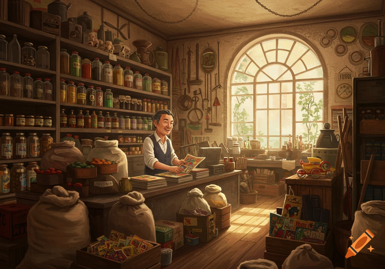 Illustration of a smiling man behind the counter of a busy, old-fashioned store filled with goods.