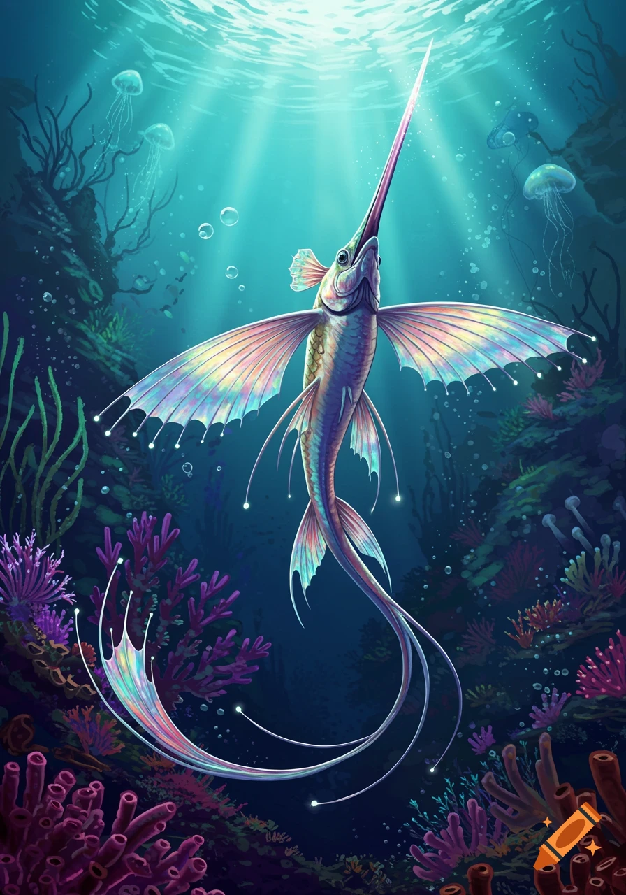A vibrant, iridescent fairy swordfish swims amongst colorful coral in a sunlit underwater scene.