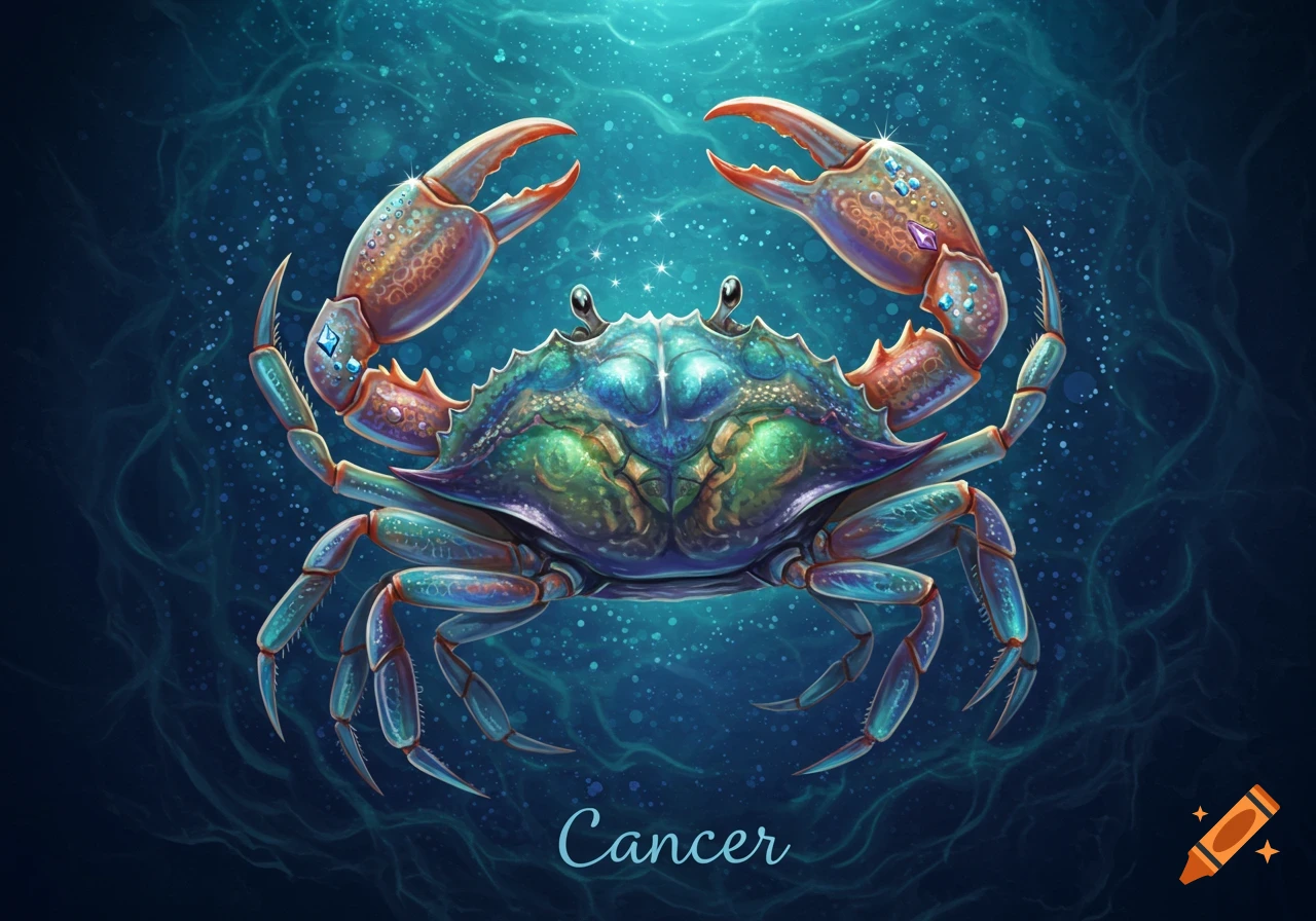 Stylized illustration of a colorful Cancer zodiac crab underwater