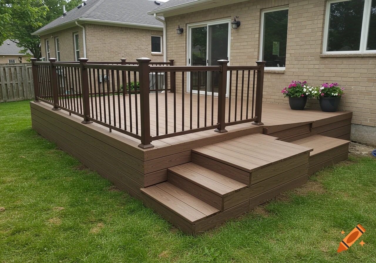 Raised composite deck with railing and stairs attached to a brick house