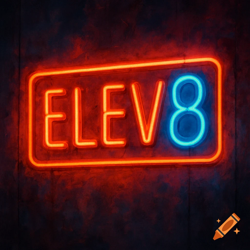 Red and blue neon sign reading ELEV8 on a dark textured wall.