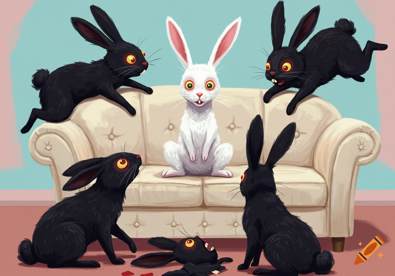 Illustration of a white rabbit on a couch surrounded by creepy black rabbits with red eyes.