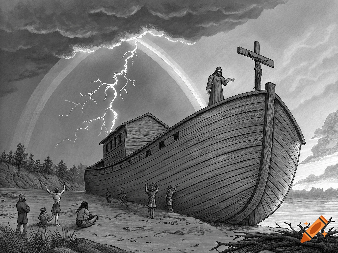 Black and gray drawing of Noah's Ark with figures on the shore and deck, lightning, a rainbow, and a cross.