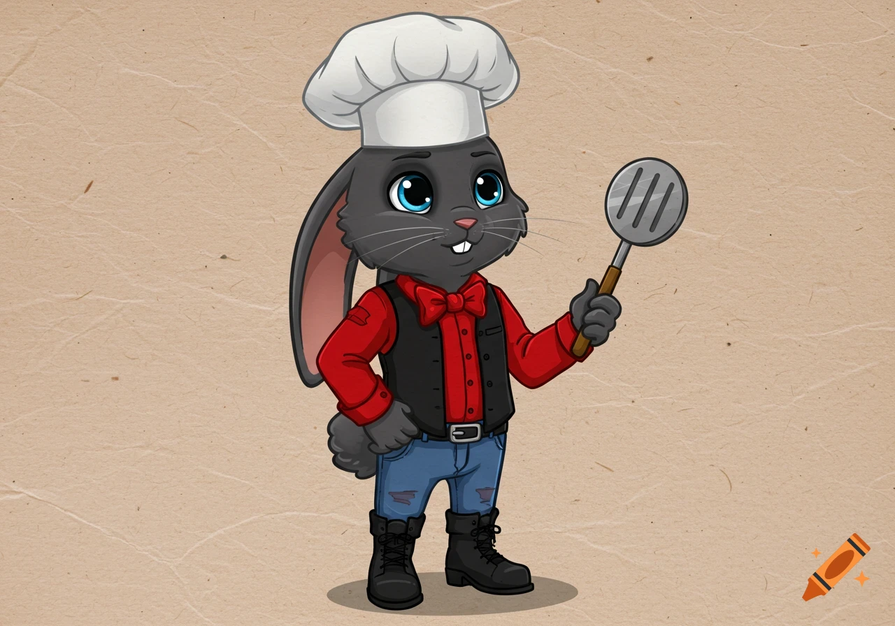 Cartoon gray rabbit wearing a chef hat, red shirt, black vest, blue jeans, and holding a spatula
