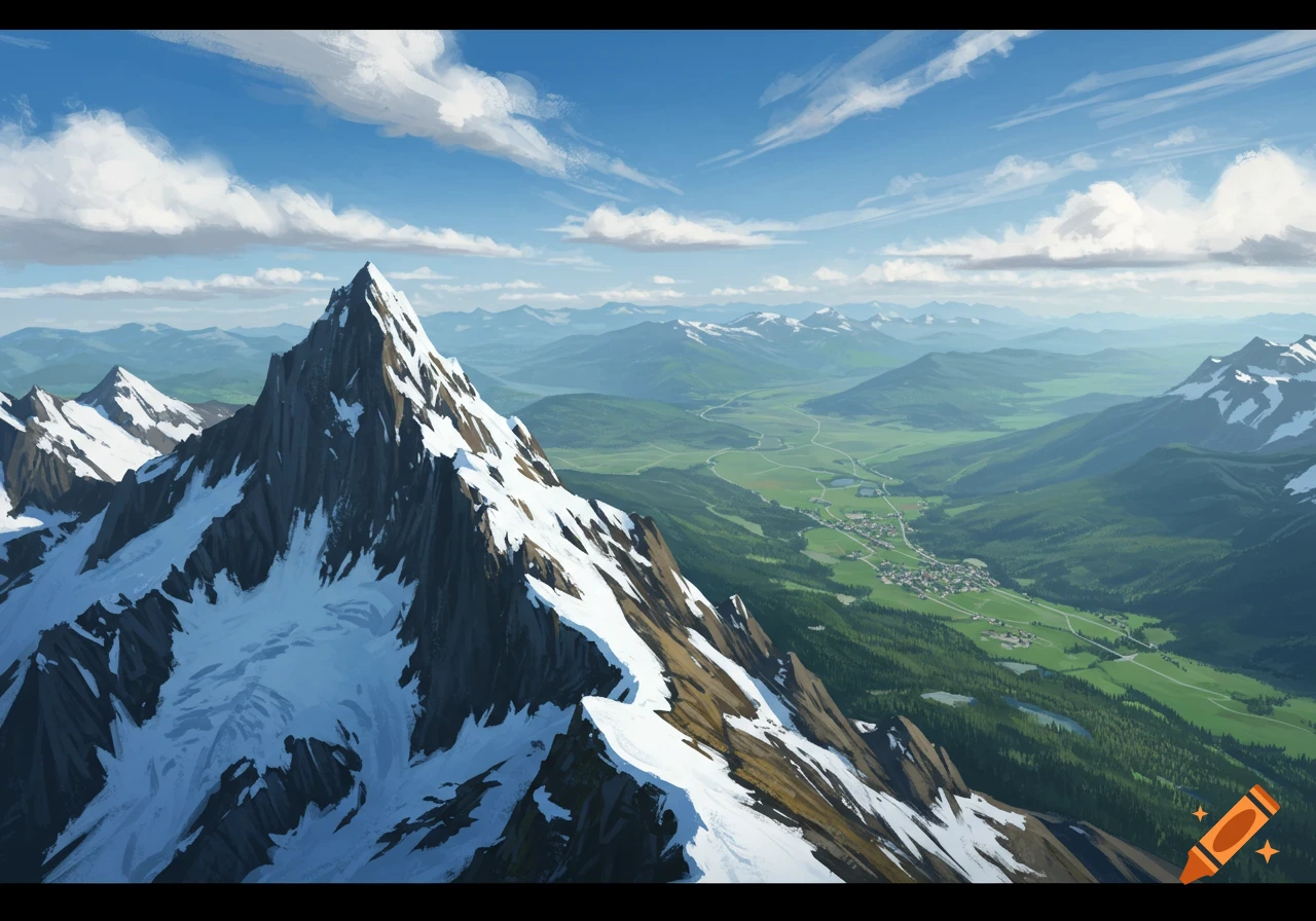 A view from a snow-capped mountain peak looking down into a valley with a town and fields, painted style.
