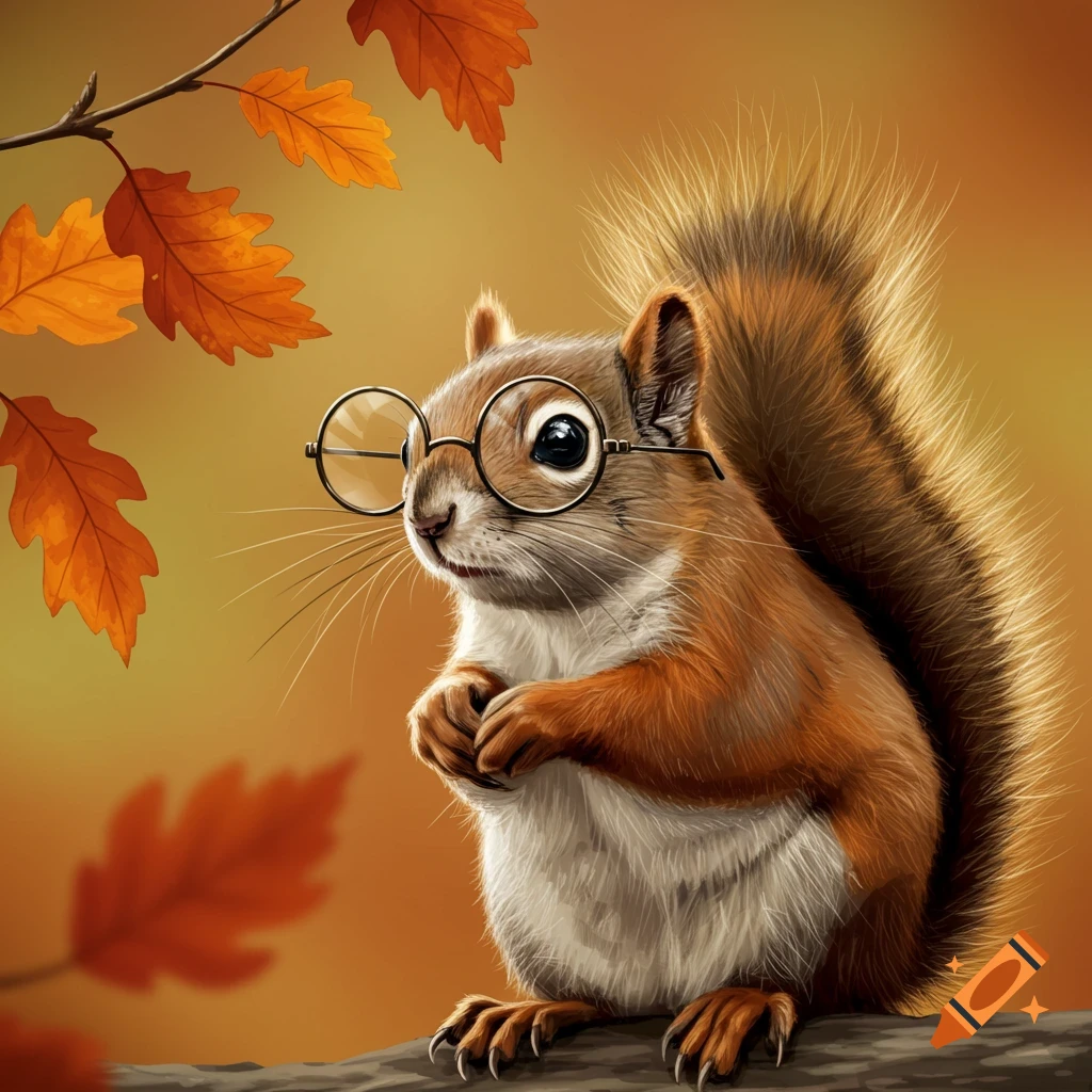 A squirrel wearing glasses sits on a branch surrounded by autumn leaves.