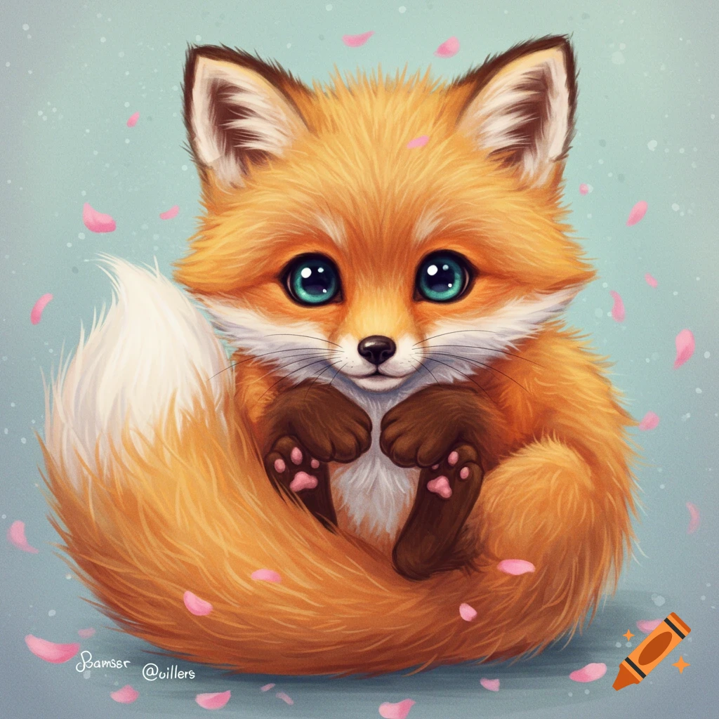 A cute illustration of a fluffy fox cub with big green eyes, curled up with its tail, with pink petals floating around it.
