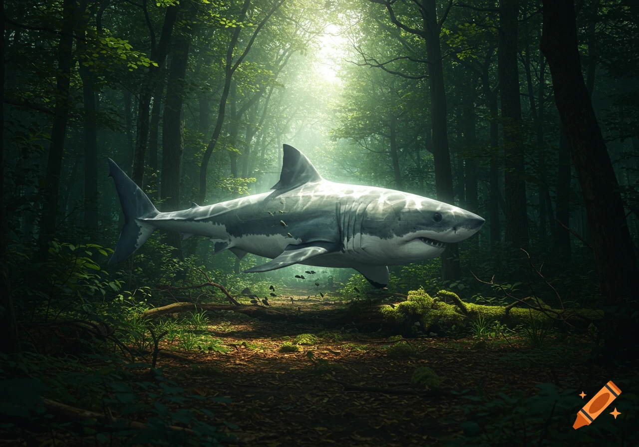 A large great white shark floats above a forest floor in a sun-dappled forest.