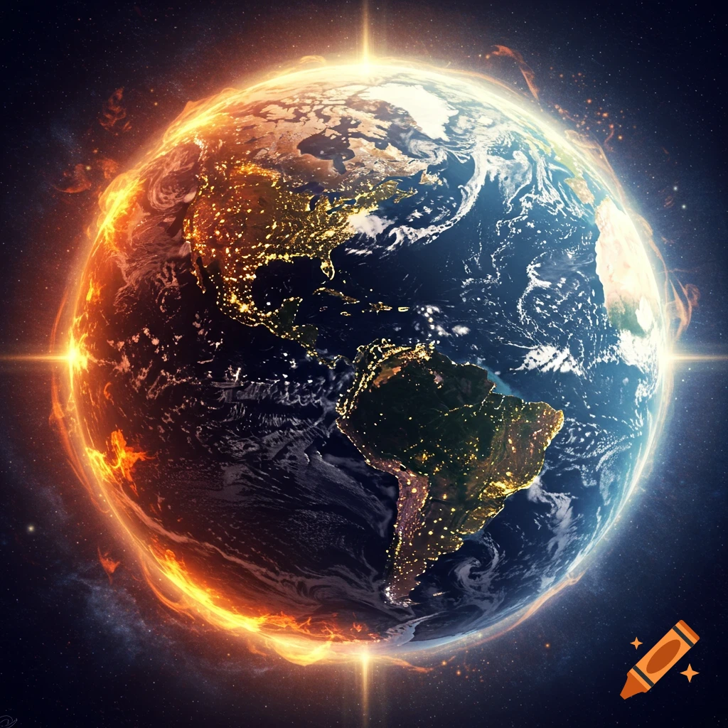 Earth in space, partially engulfed in fire, with city lights visible