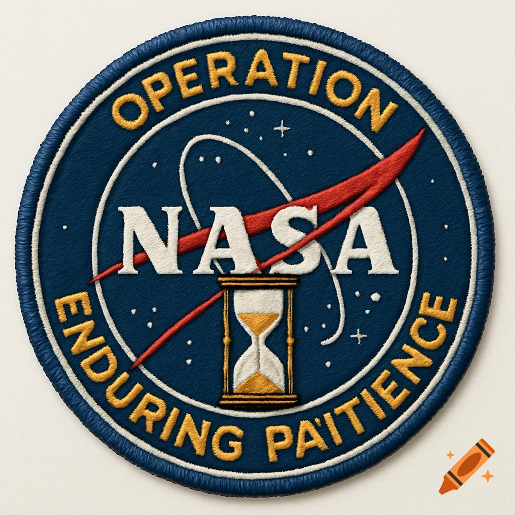 NASA style patch logo with text OPERATION NASA ENDURING PAITIENCE and an hourglass.