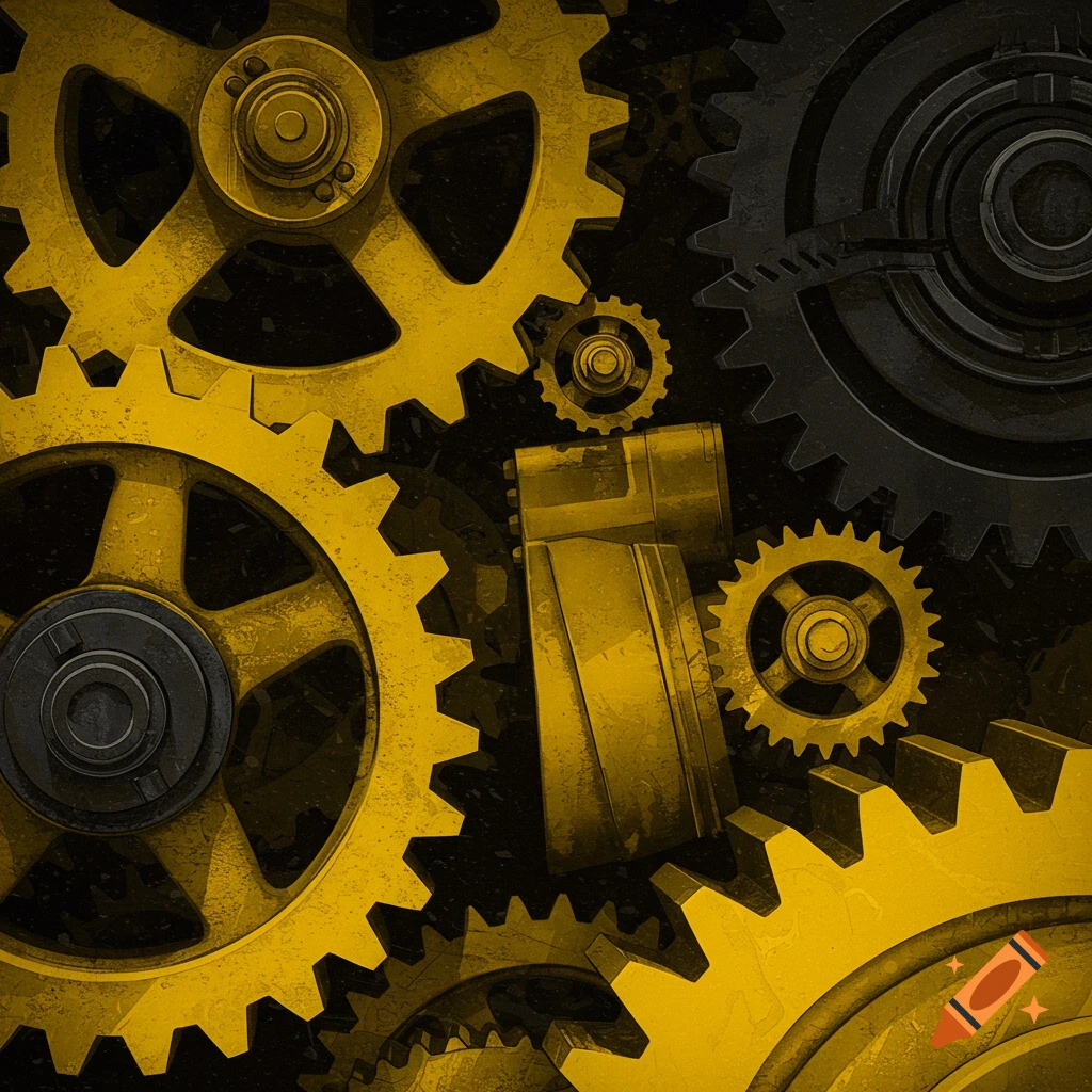 Close-up detailed view of interlocking yellow and black mechanical gears and machinery.