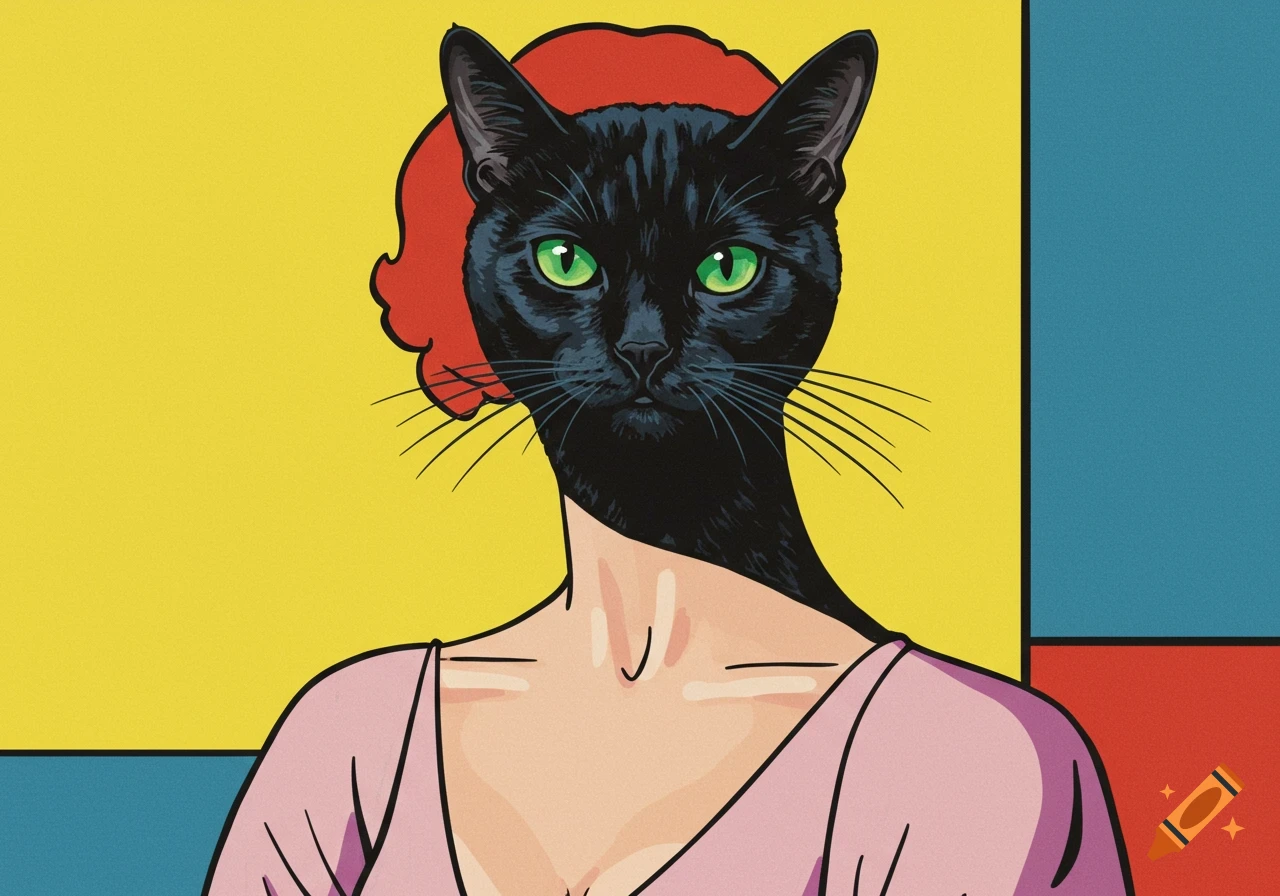 Illustration of a woman with a black cat's head in a stylized pop art fashion