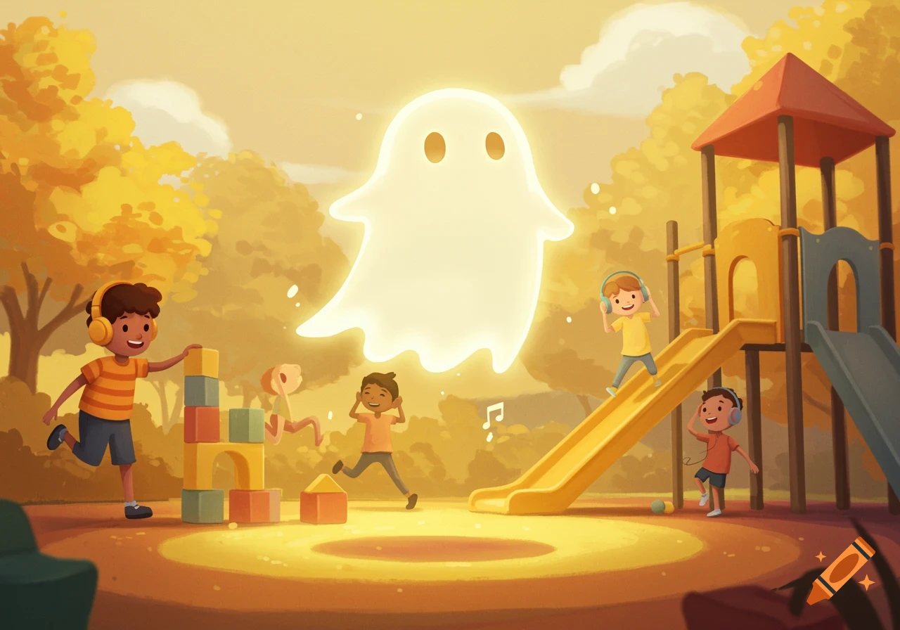 Illustration of children playing on a playground with a large, glowing ghost floating above them.