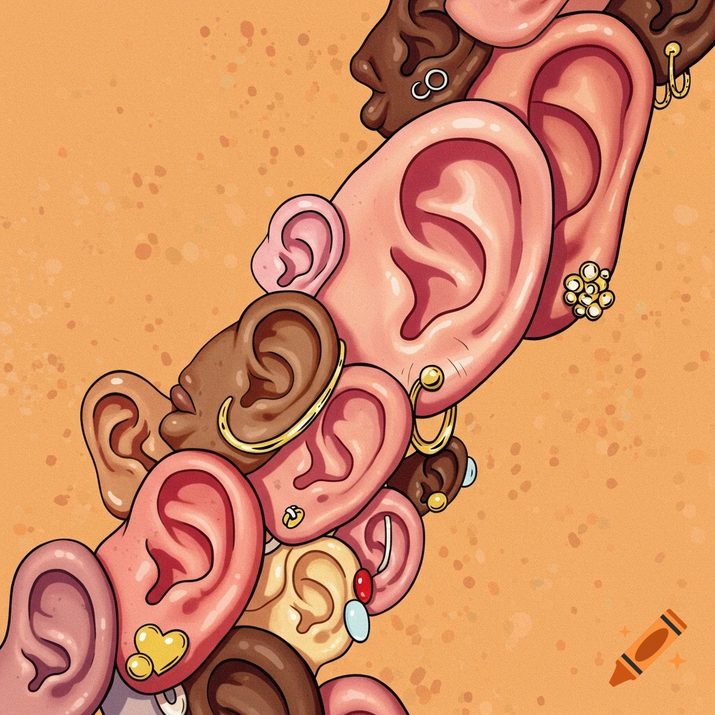 Illustration of a pile of diverse ears with various piercings and earrings on an orange background