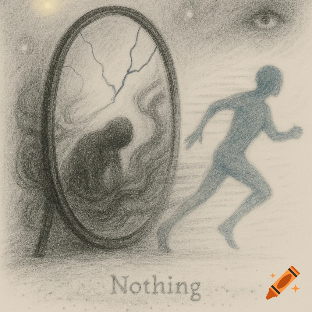 A pencil drawing shows a mirror reflecting a slumped figure, with a running figure beside it and the word Nothing.