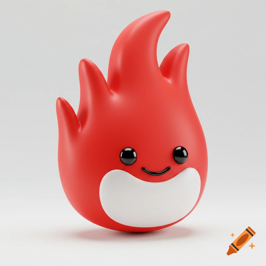 A cute 3D rendered cartoon character of a red flame with a smile.