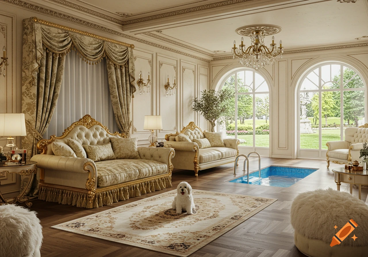 A luxurious room with ornate couches, a small indoor pool, large arched windows, and a small white dog on a rug.