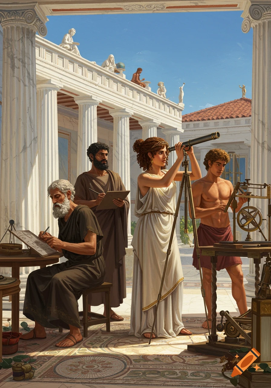 Ancient Greek scientists studying with instruments near a temple.