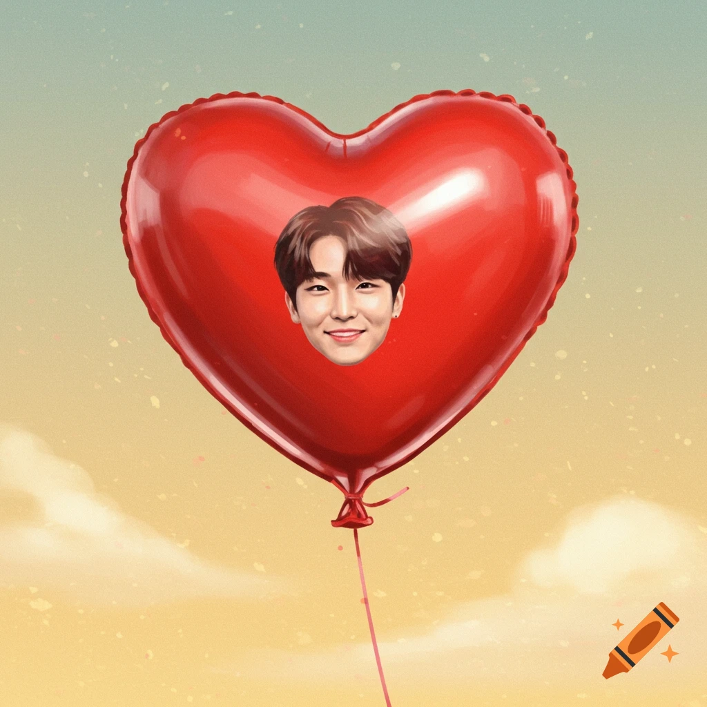 Smiling face on a red heart balloon floating in the sky