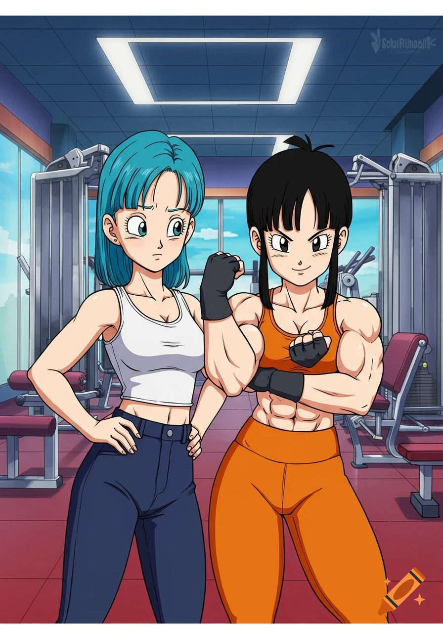 Anime image of Bulma and Chi-Chi in a gym, Chi-Chi flexing muscles.