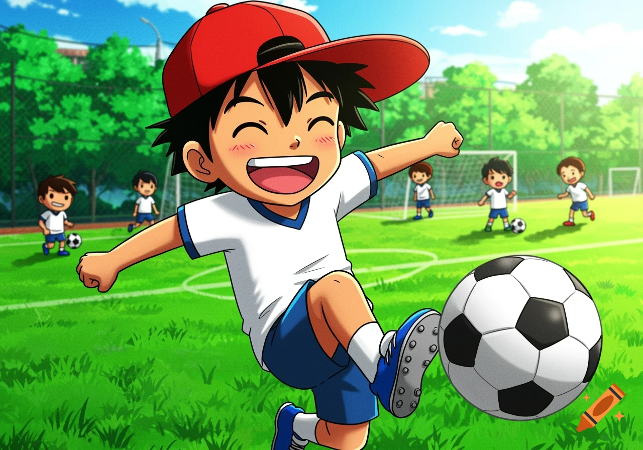 Anime illustration of a young boy in a red hat playing soccer with friends on a field