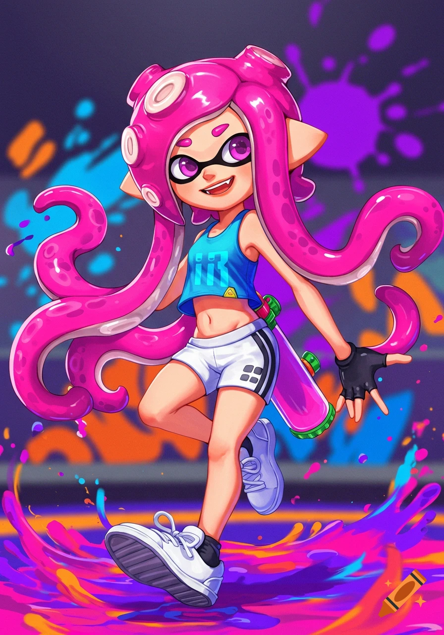 Pink-haired Splatoon character standing in colorful paint splatters, cartoon style.