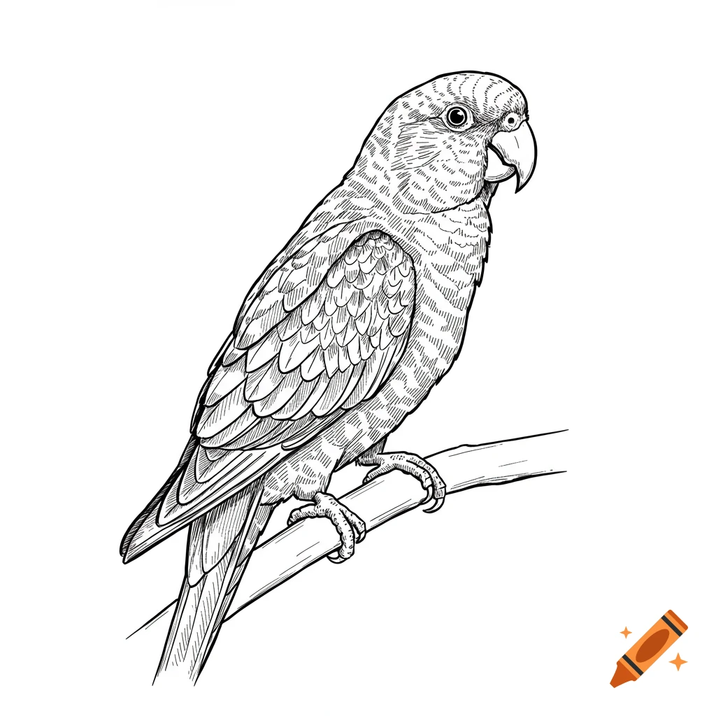 Black and white line drawing of a parrot perched on a branch.