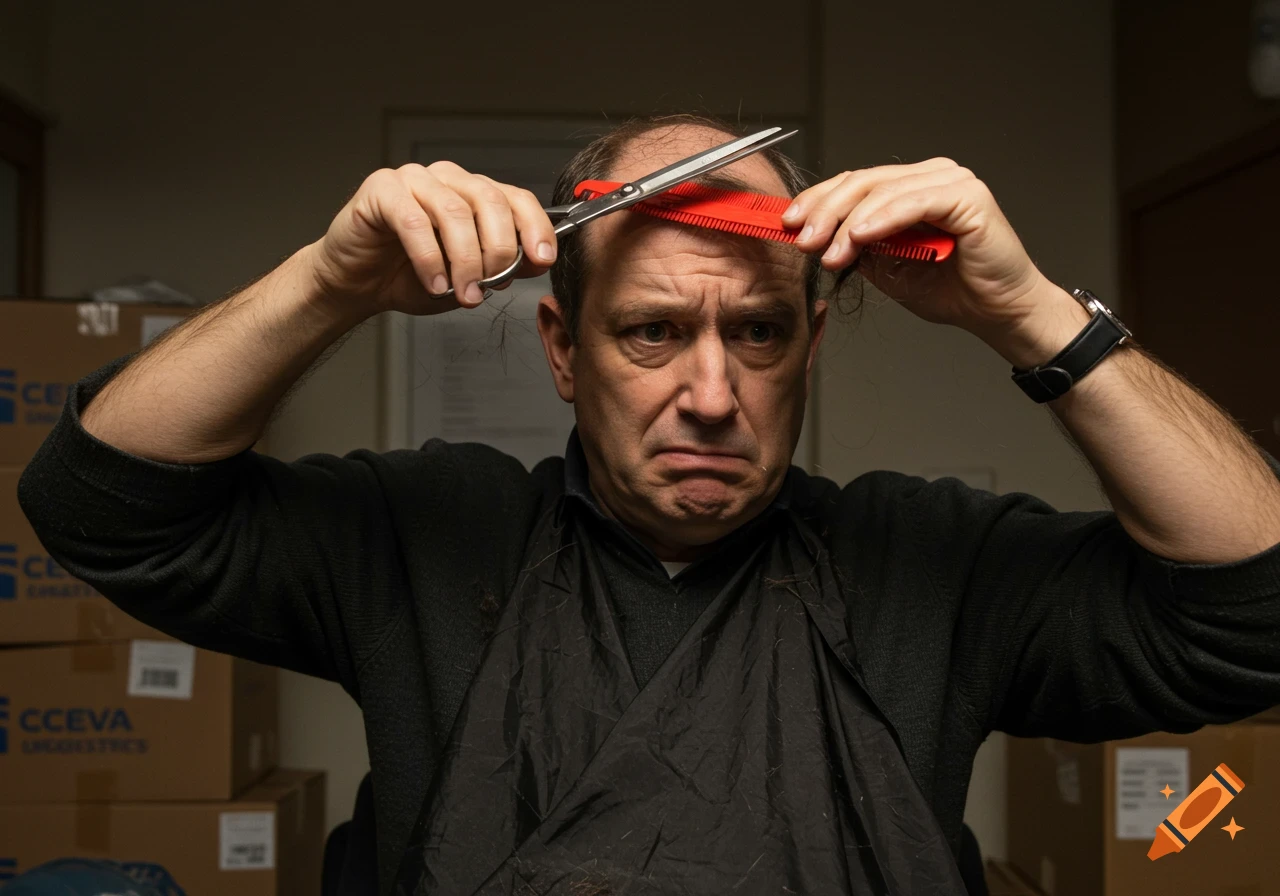 Man cutting his own hair with scissors and comb, looking distressed, with logistics boxes in background.