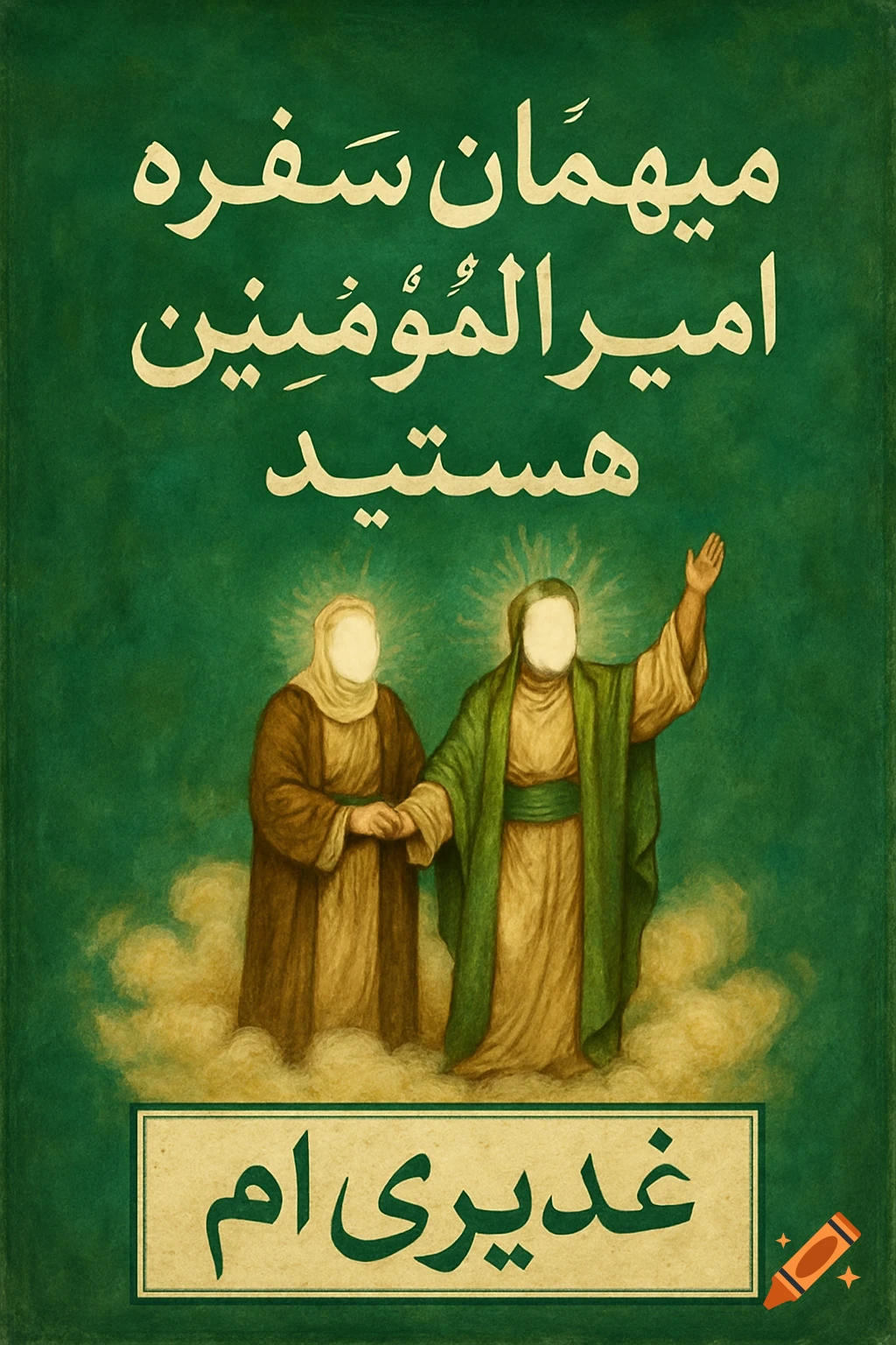 Illustrative image of two robed figures with blank faces and haloes on clouds, with Arabic text above and below, on a green background.