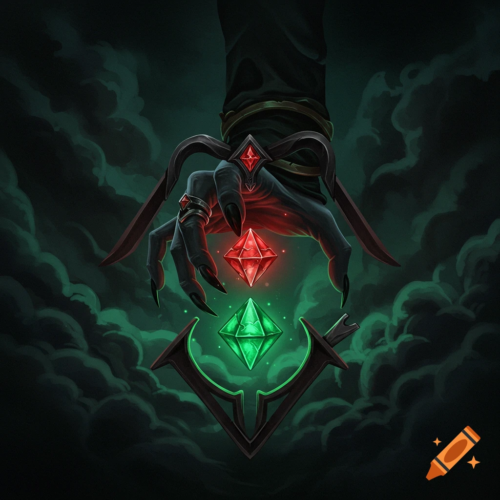 A dark, clawed hand holds a red gem above a glowing green gem and a symbol against a dark green, cloudy background.