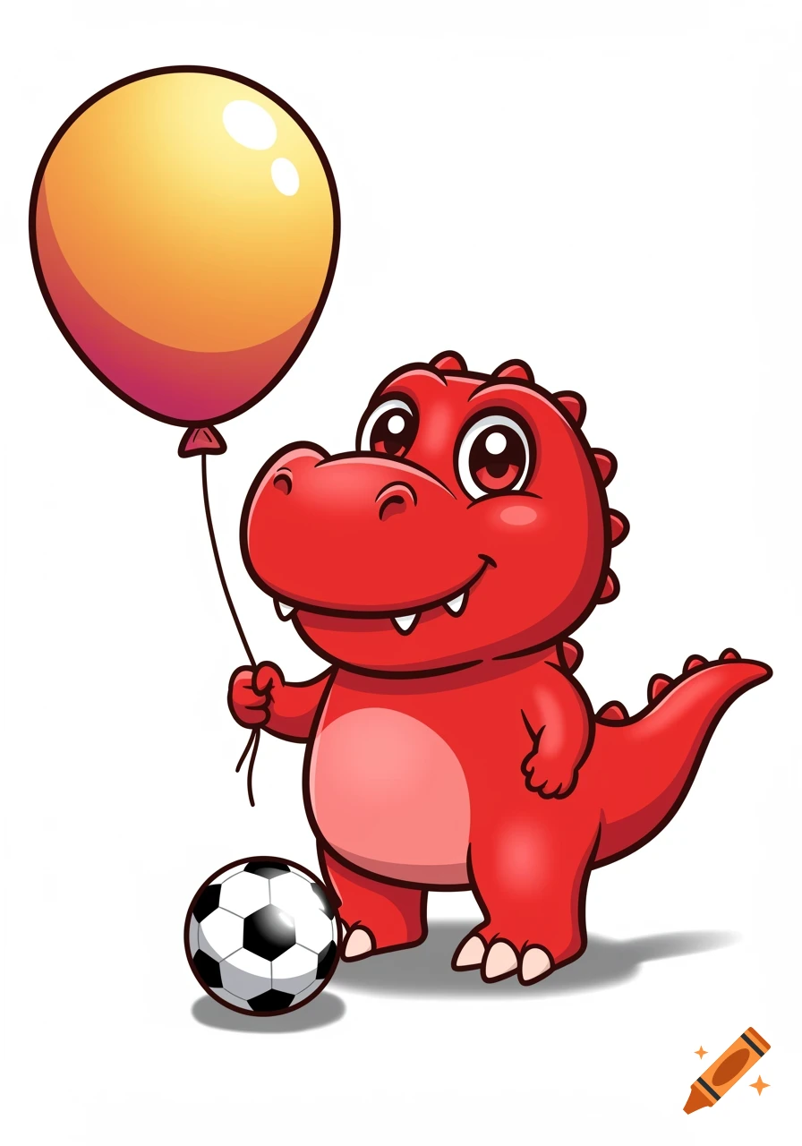 Cute cartoon red dinosaur holds a yellow-orange balloon next to a soccer ball.