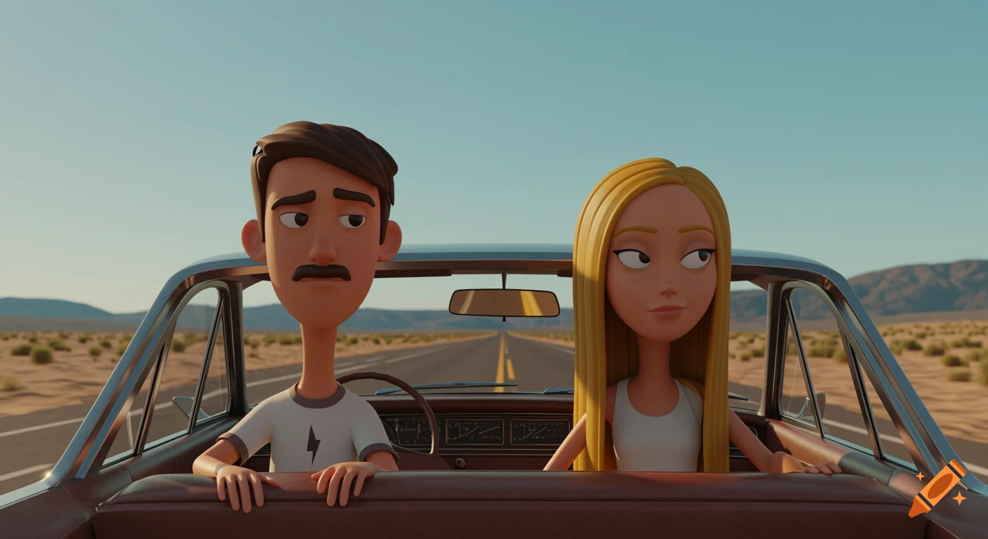 3D animation of a couple driving a car on a desert road.