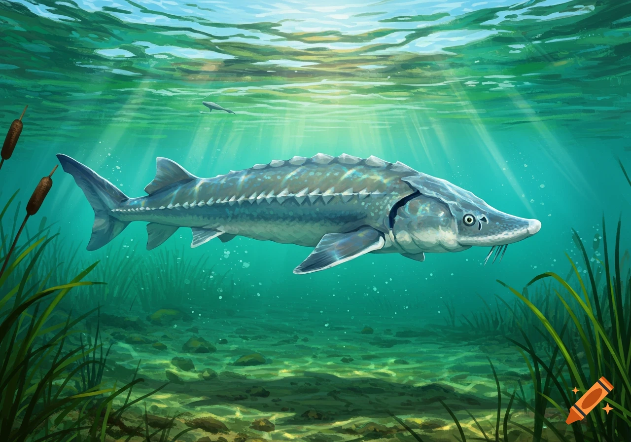 An illustration of a sturgeon swimming underwater in a lake with light rays.
