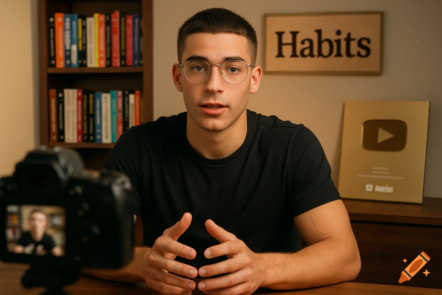 Young man talks to a camera in a room with a bookshelf and 'Habits' sign.