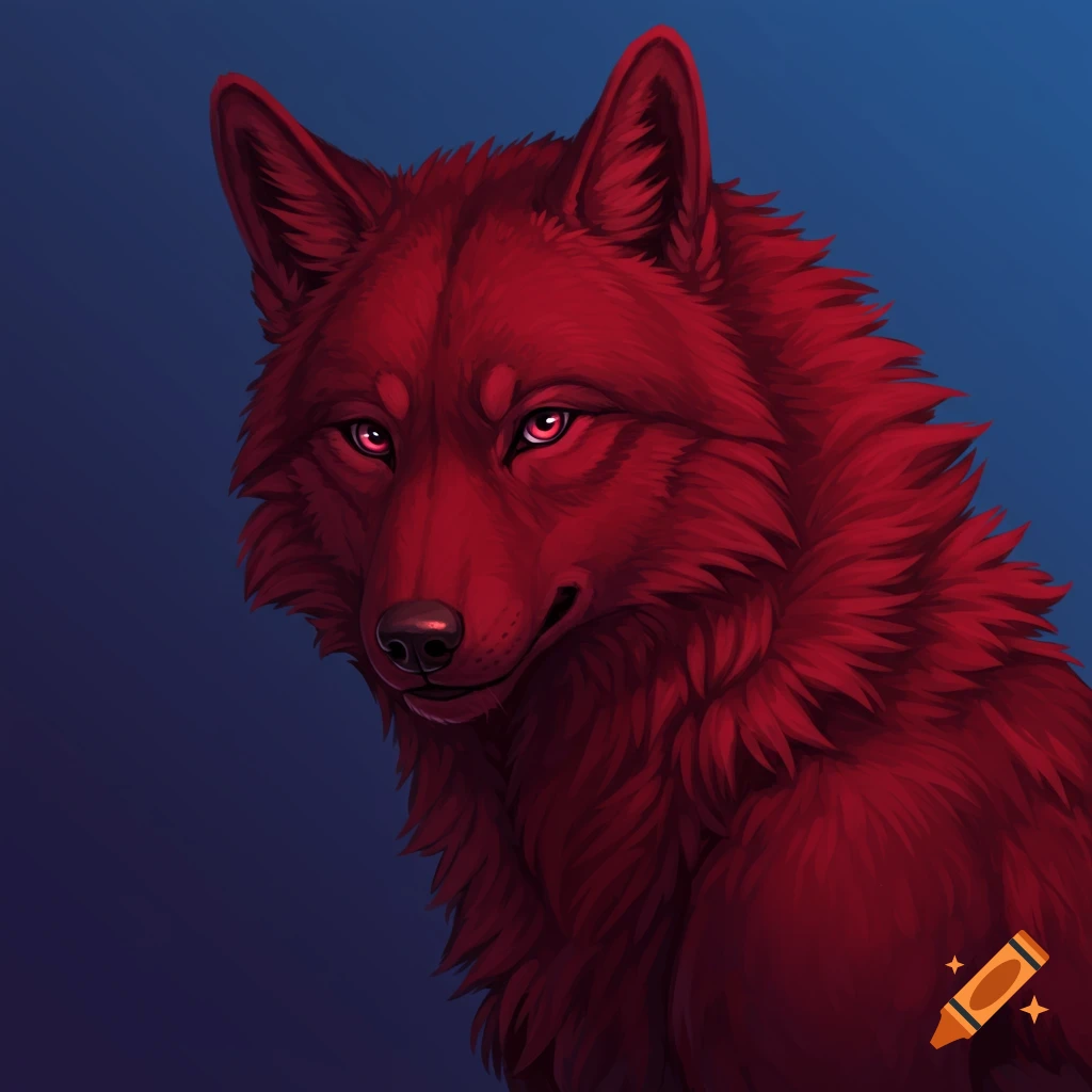 Close-up digital painting of a red wolf with glowing red eyes against a dark blue background.
