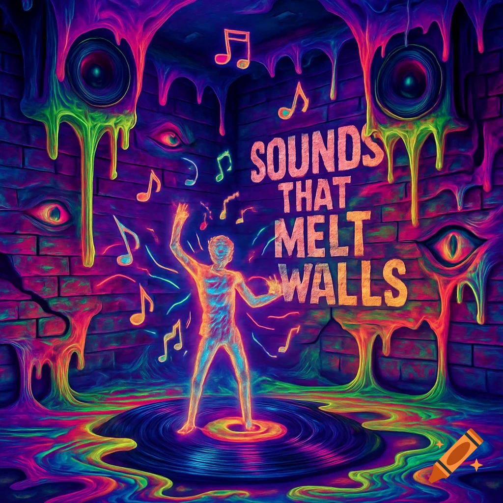 A psychedelic scene with a glowing figure standing on a vinyl record in a room with melting brick walls and music notes, in neon colors.