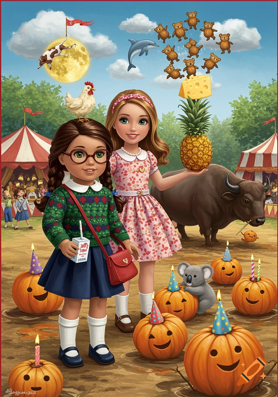 Two girls with animals, pumpkins, and surreal elements at a circus, illustration style.