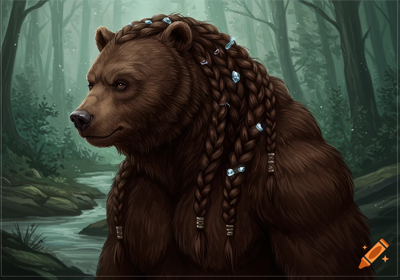 A brown bear with long braided fur adorned with gems stands in a forest.