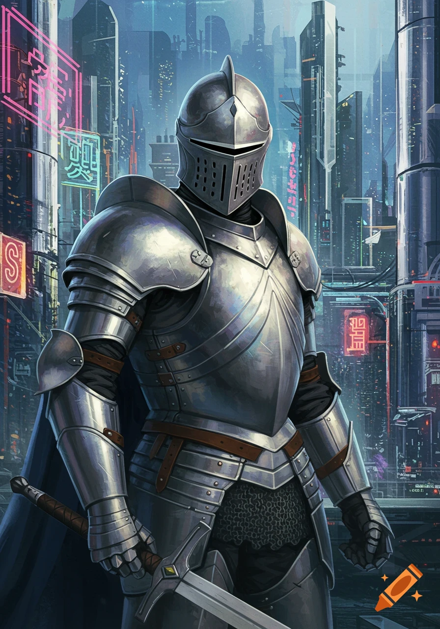 A knight in futuristic armor stands in a cyberpunk city.