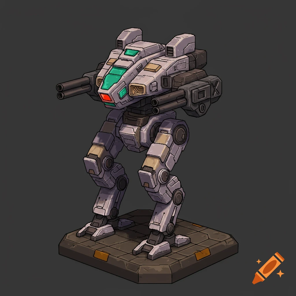 A pixel art style mech stands on a textured base.