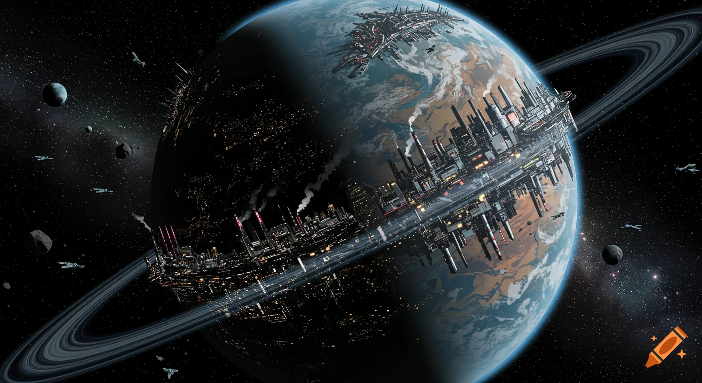 A large futuristic industrial city built around the rings of a planet in space, with spaceships and asteroids, in a comic book style.