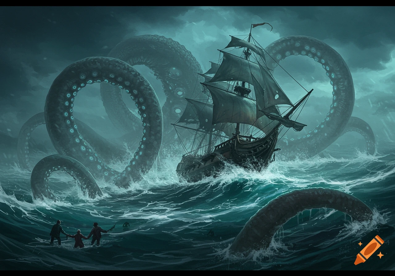 A giant Kraken attacks a sailing ship in a stormy sea, with people struggling in the waves.