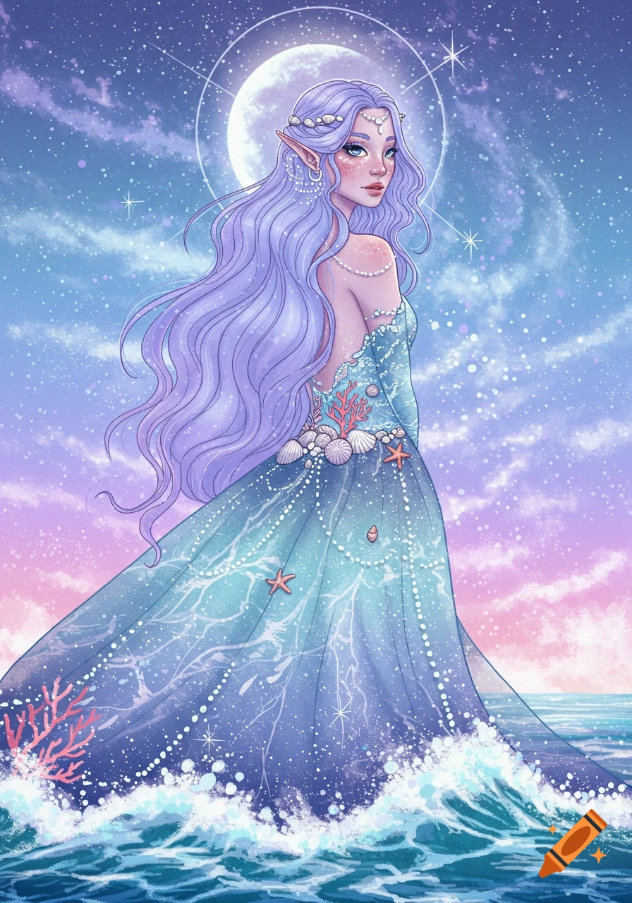 Illustration of an ocean goddess with lavender hair and a sea-themed dress standing in waves under a full moon and starry sky.