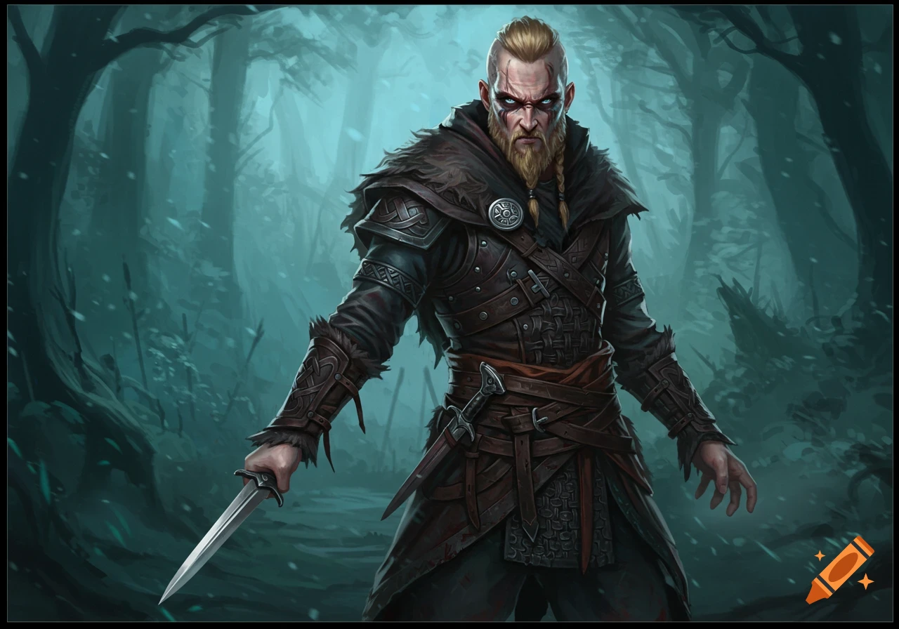 A strong Viking warrior holding a knife in a dark forest. Digital art.