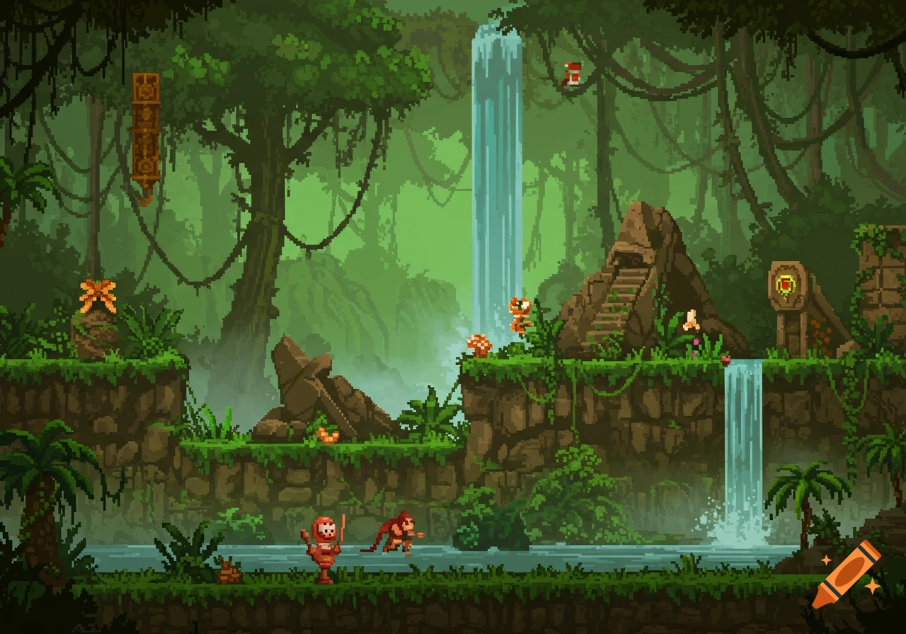Pixel art jungle scene with waterfalls, ruins, and monkeys.