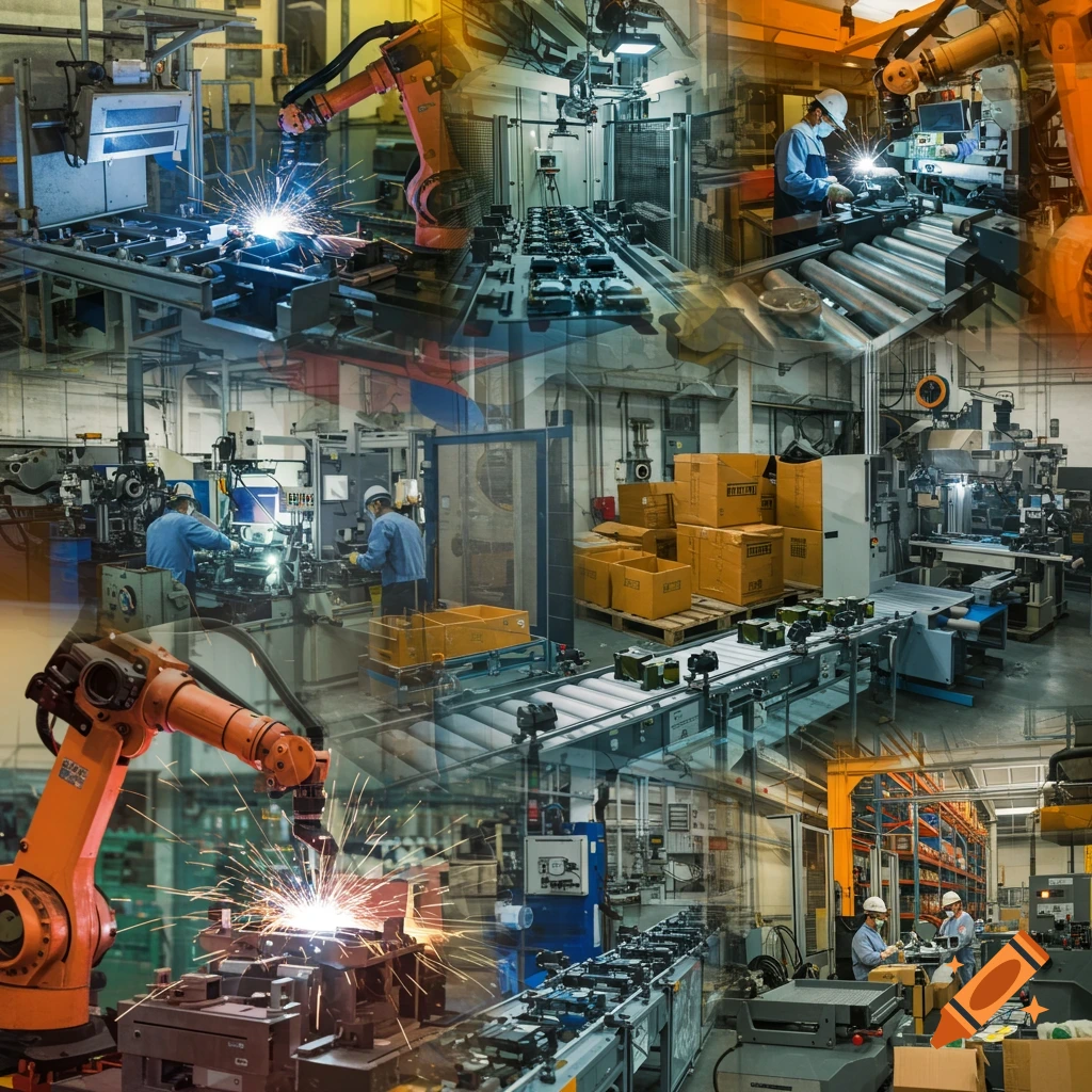 Collage of images showing robots, workers, and machinery in a busy factory setting.