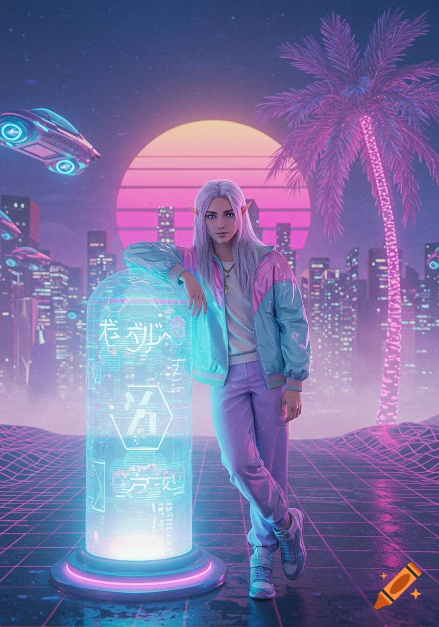 Vaporwave elf leans on glowing cylinder in a retro-futuristic city scene.
