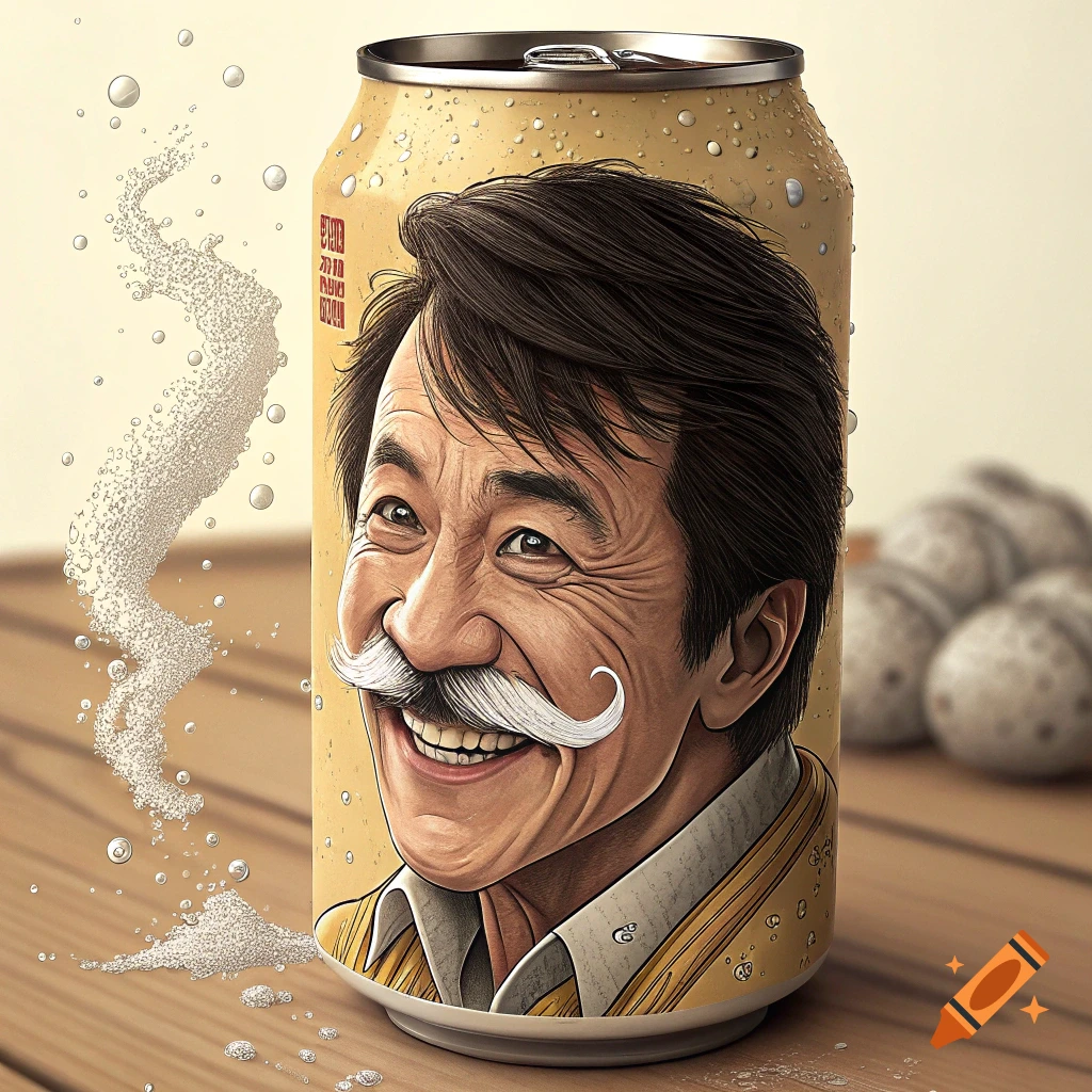 Beer can with cartoon illustration of Jackie Chan's face and mustache