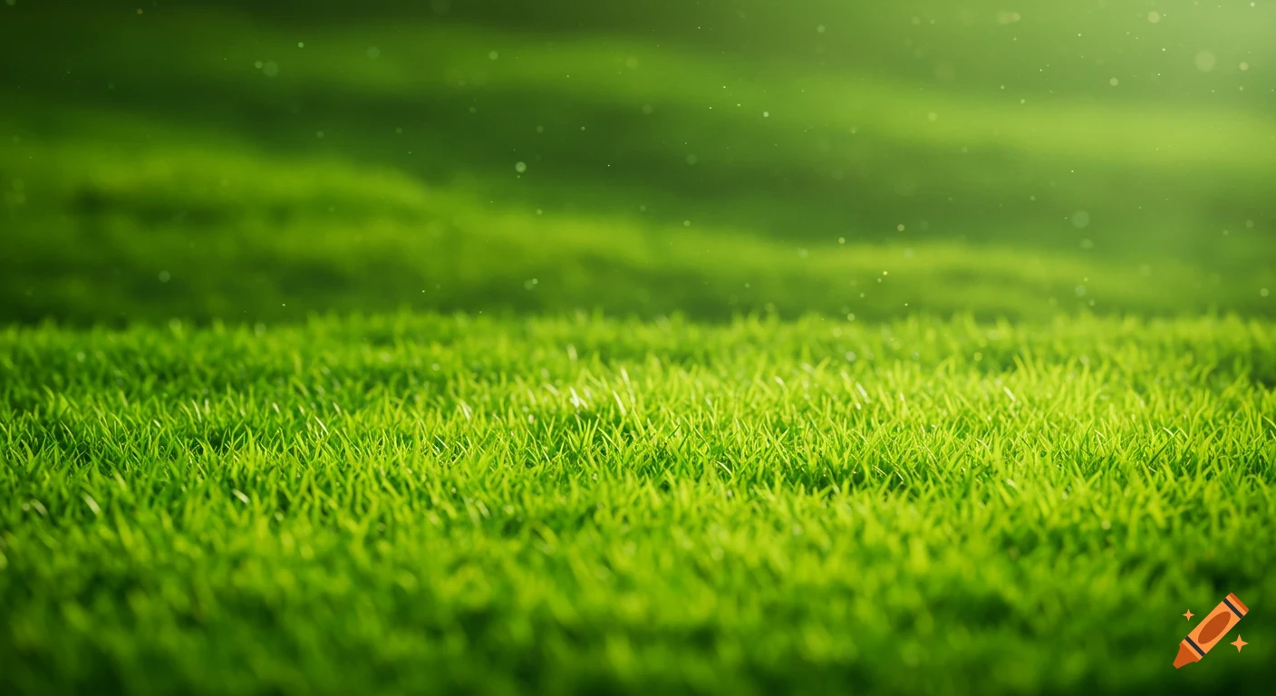 Close-up view of bright green grass with blurred background and shimmering light particles