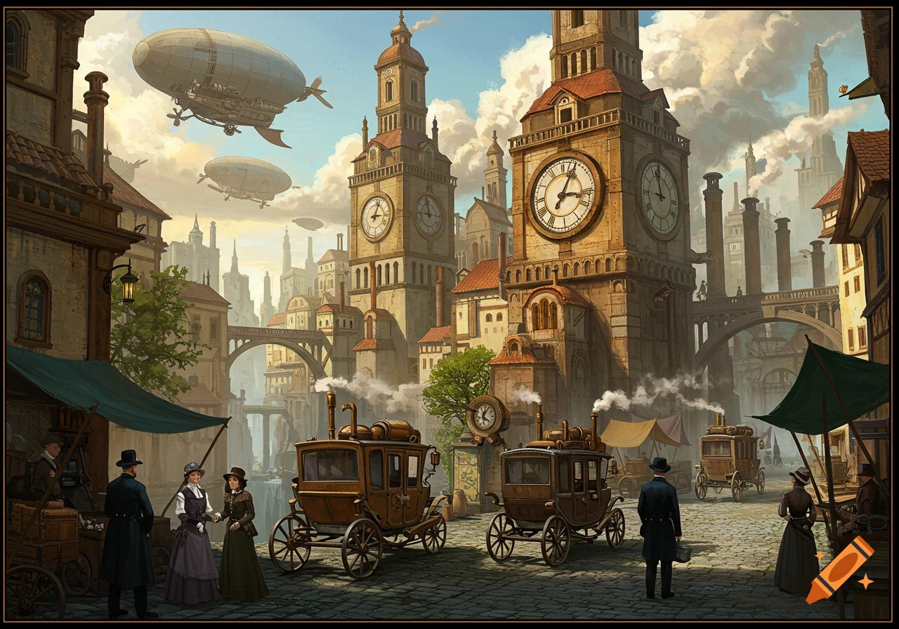 Steampunk city street with large clock towers, steam carriages, and airships.